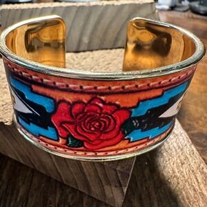 Boho Native American Rose Wide Cuff Bangle Bracelet, Floral Open Bangle, Gift B